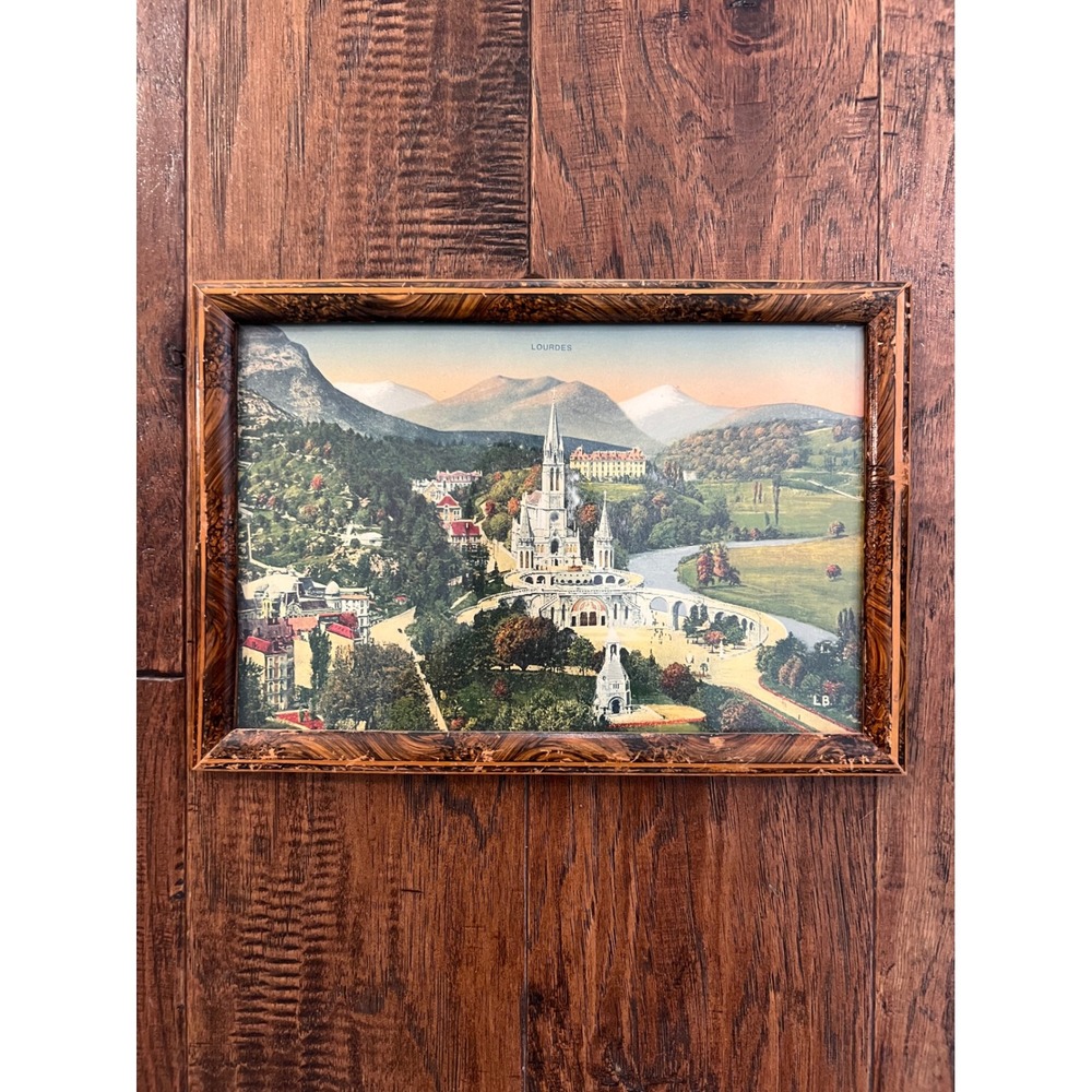 Vintage Lourdes France Sanctuary Framed Print Religious Catholic Art 9.75x6.75